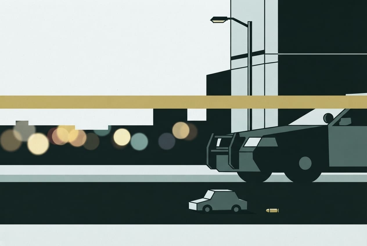 Flat illustration of Street, Building, Lamppost, Shadow, Discarded toy, Bullet casing